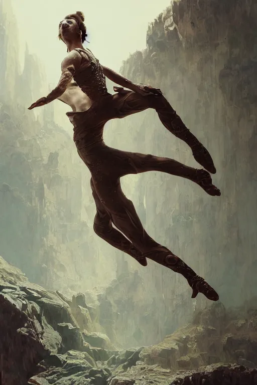 Image similar to a full body portrait of a beautiful post apocalyptic offworld desert gymnast leaping in ballet dance pose by the emerald oasis pools, intricate, elegant, highly detailed, digital painting, artstation, concept art, smooth, sharp focus, illustration, art by krenz cushart and artem demura and alphonse mucha