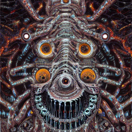 Image similar to Hyper detailed painting of a horrid eyeless fractal mechanical abomination covered in endless teeth as it devoures stars.