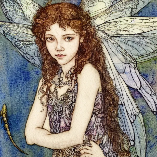 Image similar to a detailed, intricate watercolor and ink portrait illustration with fine lines of young 1 4 year old scarlett johannson as a happy winged fairy with dragonfly wings wearing a peasant dress, by arthur rackham and edmund dulac and lisbeth zwerger