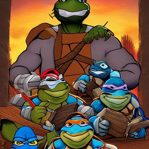 Image similar to digital artwork of Teenage Mutant Ninja Turtles reading the bible, trending on artstation