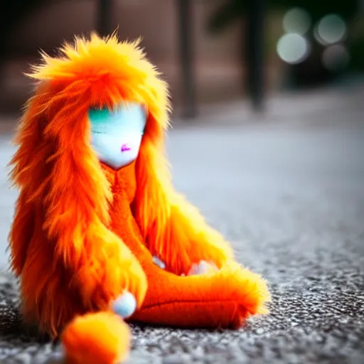 Prompt: lomography long shot of cute plush fluffy chthonic doll monster made to look like a baby, bokeh background