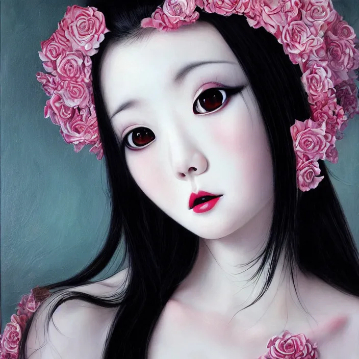 Prompt: elegant korean goth girl, latex, lolita fashion, beautiful, oil painting, sfumato, hyperrealistic, detailed, very smooth, brushwork, sharp focus, mood lighting, concept art, by junji ito, by takashi murakami, by alex grey