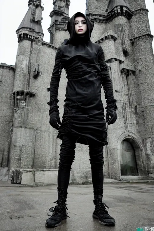 Image similar to avant garde techwear look and clothes, we can see them from feet to head, highly detailed and intricate, hypermaximalist, dystopian castle background, eerie fog, luxury, Rick Owens, Errolson Hugh, Yohji Yamamoto, Chrome Hearts, cinematic outfit photo