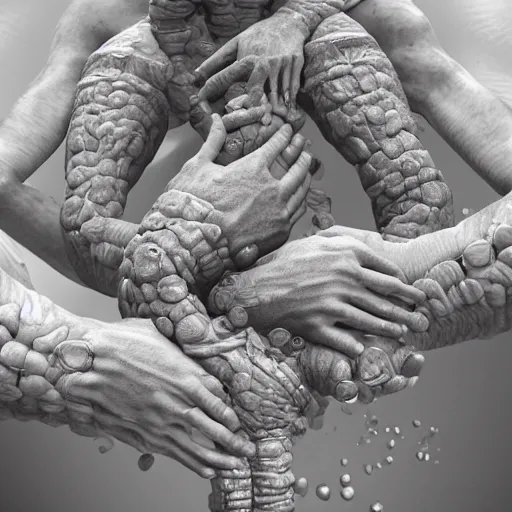 Image similar to beautiful human bodies intertwined, 3 d fractals, mandelbulb, dripping wet, skin, highly detailed, hyperrealism, cinematic