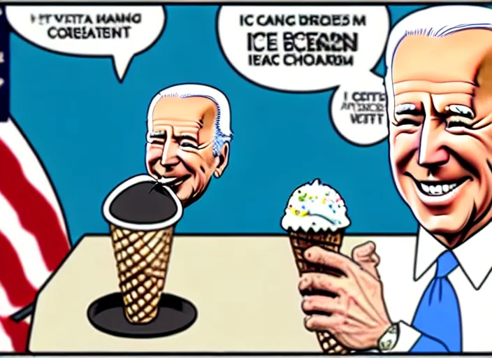 Image similar to joe biden eating ice cream scoop on a ice cream cone, political cartoon, high detail