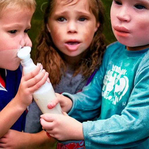 Prompt: photo of a couple of kids drinking milk directly from cow udder, realistic, award winning photo, national geographic