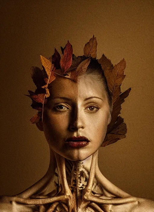 Image similar to a woman's face in profile, made of leaf skeleton, in the style of the dutch masters and gregory crewdson, dark and moody