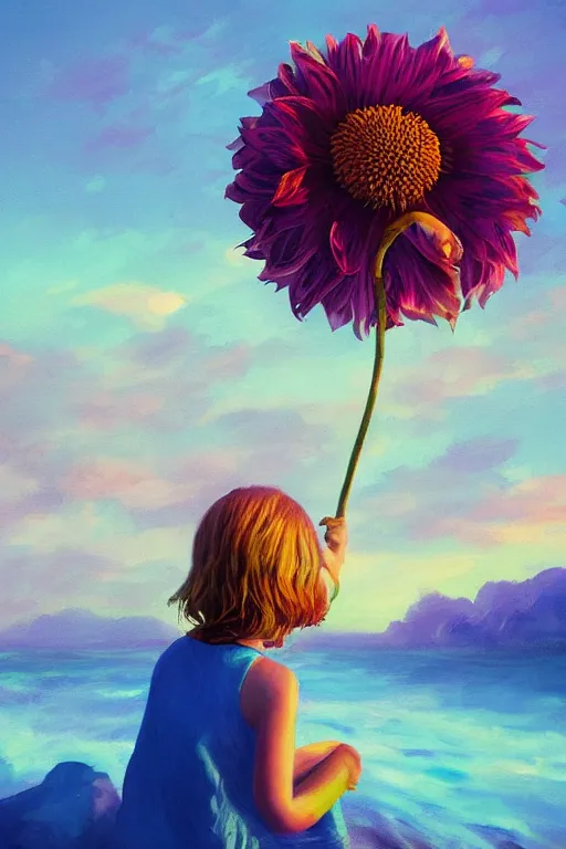 Image similar to closeup giant dahlia flower head, girl sitting on beach, surreal photography, blue sky, sunrise, dramatic light, impressionist painting, digital painting, artstation, simon stalenhag