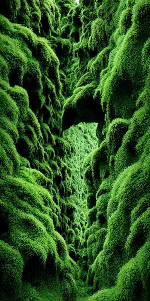 Image similar to dream looking through, a hyper realistic photograph fertile, lush mossy ferns canyon, ferns, minimalist structure, misty, raining, icelandic valley, in the style of reuben wu, roger deakins