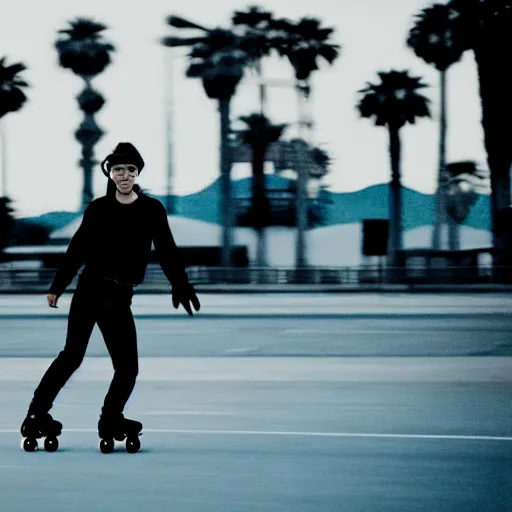 Image similar to a roller skater in a cinematic shot in santa monica, mid - afternoon, canon eos c 3 0 0, ƒ 1. 8, 3 5 mm, 8 k, medium - format print, inspired by roger deakins cinematography