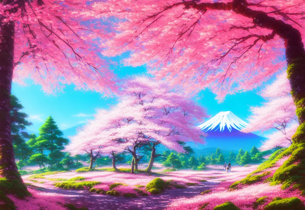 Image similar to a real photographic landscape painting with incomparable reality, wide angle, in forest, flowers, cherry blossom tree in full bloom, bright style, mount fuji, clearing, magnificent, artstation, art by makoto shinkai