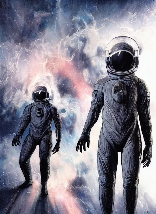 Image similar to astronauts in dark void underwater - complex and hyperdetailed technical suit. reflection and dispersion materials. rays and dispersion of light. volumetric light. f / 3 2. noise film photo. flash photography. ultra realistic, wide angle. poster by wayne barlowe, hajime sorayama aaron horkey, craig mullins