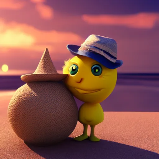 Image similar to 3 d render, of anthropomorphic lemon character with an angry look on his face, he is wearing a hat, relaxing on the beach at sunset, beach, waves, sun, rim light, cinematic photography, professional, sand