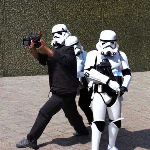 Image similar to 5 foot 1 0 fit iranian man with very short black beard and medium black well styled hair being captured by stormtroopers, highly detailed, high definition, ultra realistic