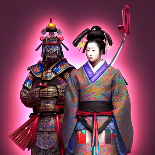 Image similar to A Japanese samurai with a Japanese geisha. 8K 3D acrylic art colourful CryEngine beautiful artwork digital illustration DSLR HDR glowing neon maximalist polished pixiv Unreal Engine vast clear photo filigree designs , by SiChen Wang