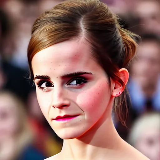 Image similar to Emma Watson gasping in excitement, (EOS 5DS R, ISO100, f/8, 1/125, 84mm, postprocessed, crisp face, facial features)