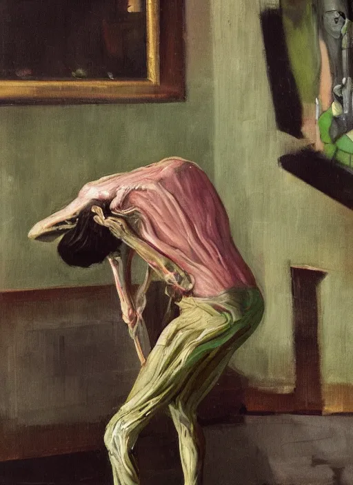 Prompt: an insane, skinny artist wearing torn overalls, expressively twisted body, fighting with a large ghost, depth of field, hauntingly surreal, highly detailed oil painting, by francis bacon, edward hopper, adrian ghenie, glenn brown, soft light 4 k, pink and green colour palette, cinematic composition, cinematic lighting, high quality octane render