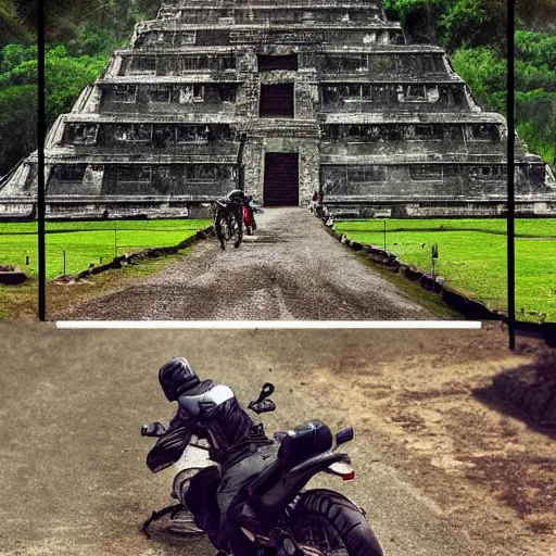 Prompt: digital art, trending on artstation, an adventurous motorcyclist passing through brush and wild animals and in the background a mayan temple with treasures.