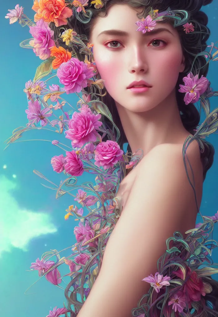 Image similar to young beautiful woman, gorgeous face, vaporwave aesthetic, synthwave, colorful, psychedelic, artstation, flowers, bees, ribbons, concept art, luxurious silvery gown, smooth, extremely sharp detail, finely tuned detail, 8 k, unreal engine 5, ultra sharp focus, illustration, art by artgerm and greg rutkowski and alphonse mucha