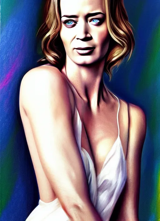 Image similar to youthful Emily Blunt staring seductively at you. ultra detailed painting at 16K resolution and amazingly epic visuals. epically beautiful image. amazing effect, image looks gorgeously crisp as far as it's visual fidelity goes, absolutely outstanding. vivid clarity. ultra. iridescent. mind-breaking. mega-beautiful pencil shadowing. beautiful face. Ultra High Definition. godly shading. amazingly crisp sharpness. photorealistic film cel processed twice..