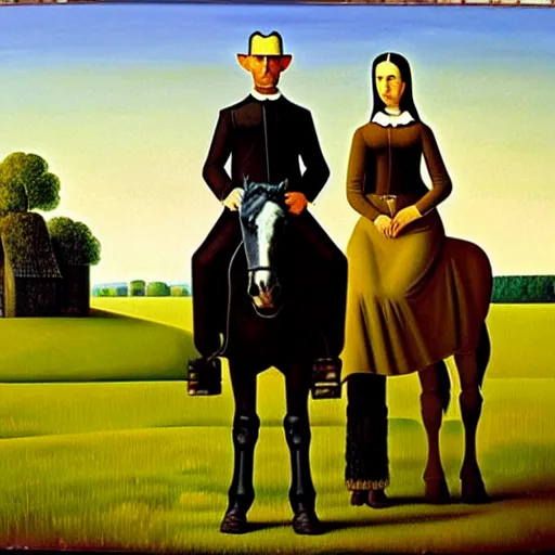 Image similar to an original painting of american gothic replaced with horses, a couple riding a horse, by grant wood