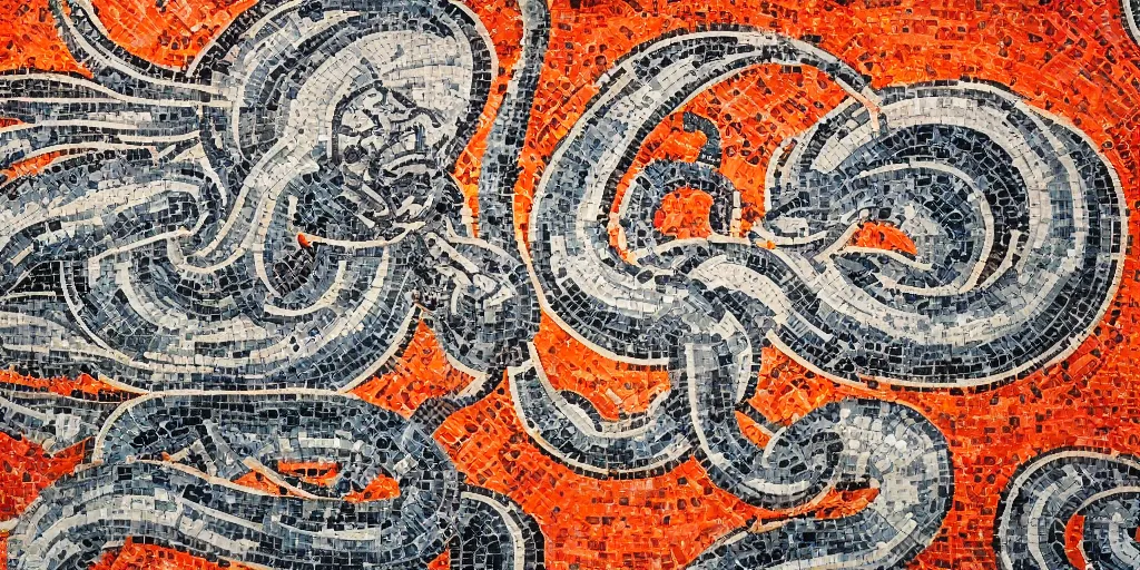 Prompt: roman mosaics of a orange kraken sinking a boat