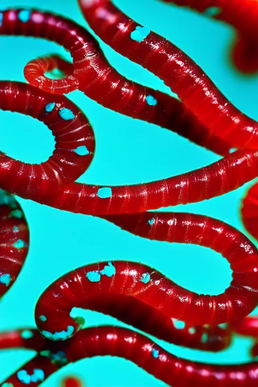 Image similar to high quality macro photo translucent gelatinous worms! gorgeous red dots highly detailed hannah yata elson peter cinematic turquoise lighting high quality low angle hd 8k sharp shallow depth of field