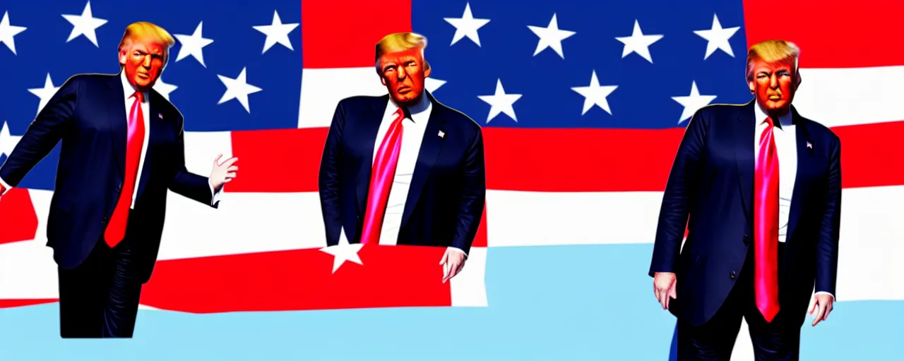 Image similar to graphic art of donald trump as a professional dancer in front of an american flag which covers the entire background