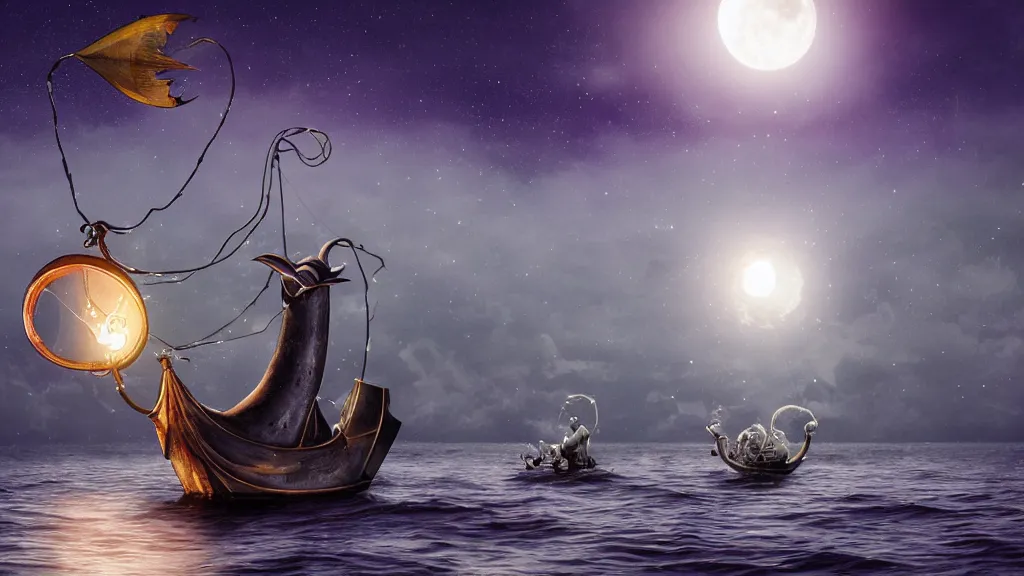 Prompt: a giant anglerfish at the surface of the water meets a sailor with a lantern on a sloop, background with large full moon and purple sky, intricate, accurate details