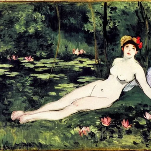 Prompt: a fairy sitting near a pond in the forest by edouard manet
