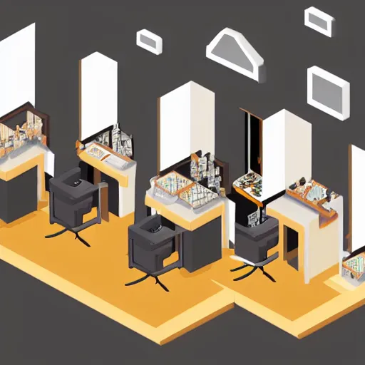 Image similar to isometric cartoon axometric of hair salon in Taiwan with mirrors on walls and air conditioning