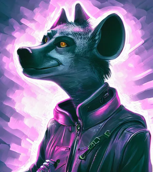 Image similar to digital painting of anthromorphic hyena female smoking cigarrete in cyberpunk style, fursona, furry fandom, furaffinity, neon rainy cyberpunk setting, anthro, wearing cyberpunk leather jacket, detailed face, blade runner, zootopia style,