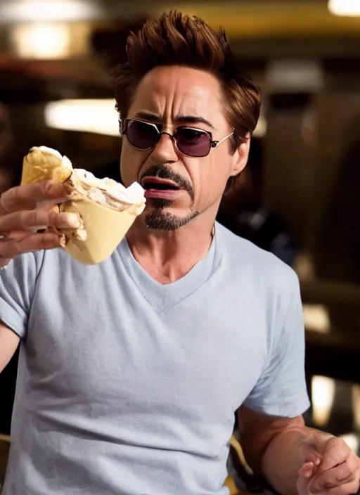 Image similar to a full portrait photo of robert downey jr eating ice cream in movie iron man, f / 2 2, 3 5 mm, 2 7 0 0 k, lighting, perfect faces, award winning photography.