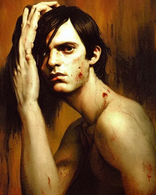 Prompt: a beautiful and eerie baroque painting of a beautiful but creepy young man in layers of fear, with haunted eyes and dark hair, 1 9 7 0 s, seventies, wallpaper, a little blood, morning light showing injuries, delicate embellishments, painterly, offset printing technique, by brom, robert henri, walter popp