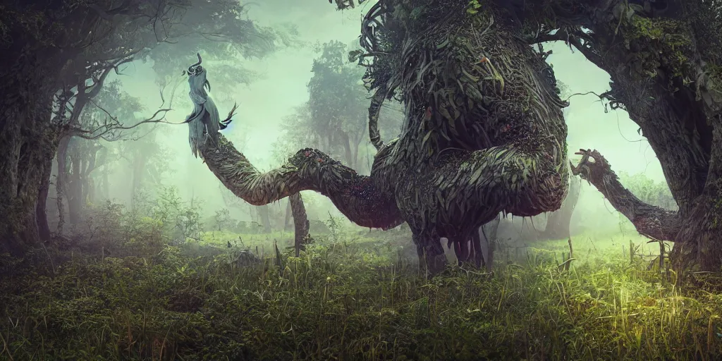 Image similar to a detailed 3 d render magical beast occult magick features in the style of beeple and ethnobotany and dark fantasy, 8 k, crisp, cg society, award winning art, dazzling, fascinating