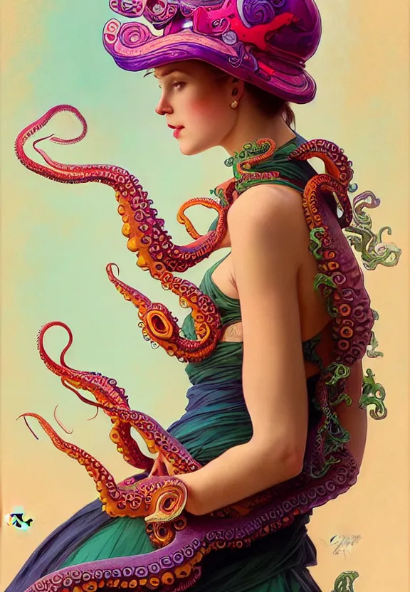 Image similar to portrait of a beautiful woman wearing a colourful octopus as a hat, fantasy, intricate, elegant, highly detailed, digital painting, artstation, concept art, smooth, 8 k, sharp focus, illustration, art by artgerm and greg rutkowski and alphonse mucha