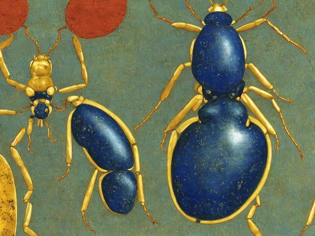 Image similar to close up of an exotic beetle. lapis lazuli, jasper, jade, gold. painting by piero della francesca, balthus, agnes pelton