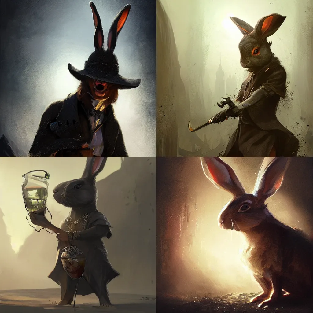 Prompt: magical,Rabbit with a black Mafia Hat , fantasy concept art by J.Dickenson and Greg Rutkowski