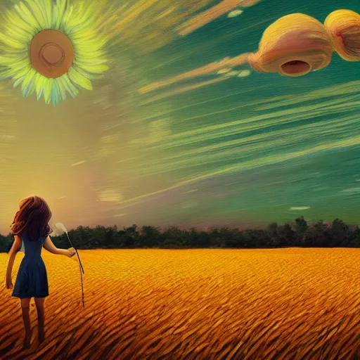 Image similar to giant daisy flowers as a head, girl walking in wheat field, hills, surreal photography, dark night, star trails, impressionist painting, dramatic clouds, digital painting, artstation, simon stalenhag