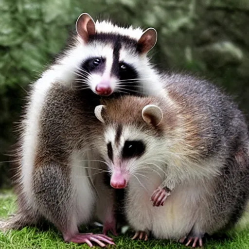 Prompt: An opossum and an american Raccoon hugging, cute photograph