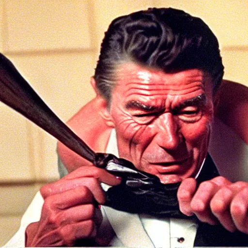 Image similar to Still of Ronald Regan removing his human skin, revealing his lizard body, in the style of Eyes Wide Shut (1999)