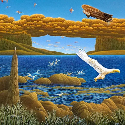 Image similar to A beautiful painting of eagle flying the sky and fish in the shallows, by Rob Gonsalves