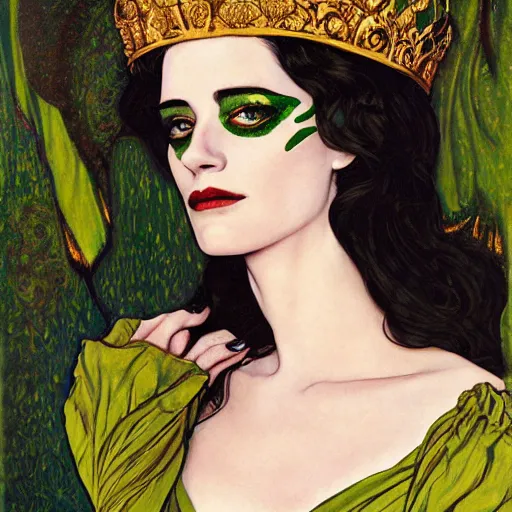 Image similar to portrait by joshua middleton of the young actress, eva green as queen of the emerald dead, vamp, elegant, decadent, stylised comic art, klimt, mucha, 1 9 7 0 s poster,