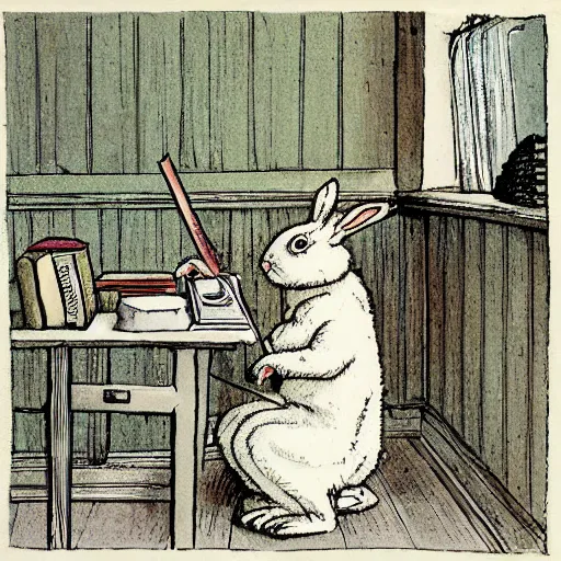 Image similar to a rabbit writing a letter inside a small room, in the style of carl larsson