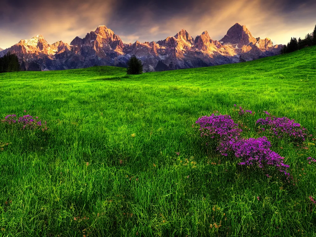 Prompt: windows bliss wallpaper, green field, hdr, 4 k, 8 k, professional photograph, color corrected, sharp focus, mountains in background, by marc adamus