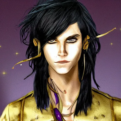 Prompt: https://static.wikia.nocookie.net/sandman/images/2/2f/Desire1.jpg/revision/latest?cb=20220725144255 Portrait of a fashionable androgynous pirate space captain, dark hair, golden eyes, teasing smile,