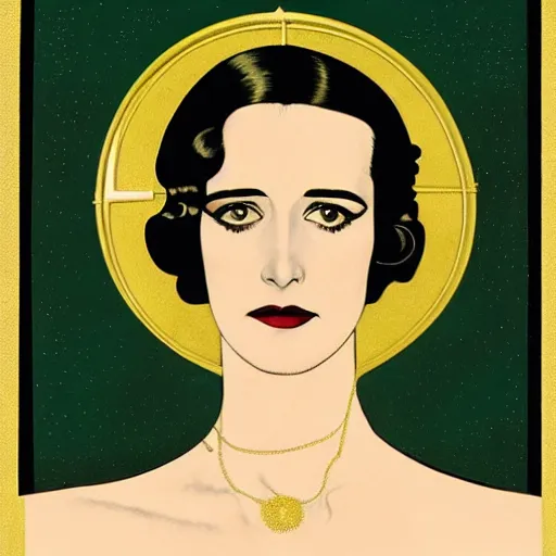 Prompt: Eva Green, Art by Coles Phillips, Gilded outfit, Jet black hair, Green eyes, Portrait of the actress, Eva Green as Space Commander Alpha from the Year 4000, geometric art, poster, no text, Mucha, Kandinsky, carbon blac and antique gold