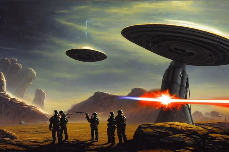 Prompt: Epic science fiction landscape. In the foreground is futuristic anti-air artillery firing into the sky, in the background an alien spaceship is escaping. An officer stands next to the artillery pointing upwards. Stunning lighting, sharp focus, extremely detailed intricate painting inspired by Mark Brooks and by Moebius