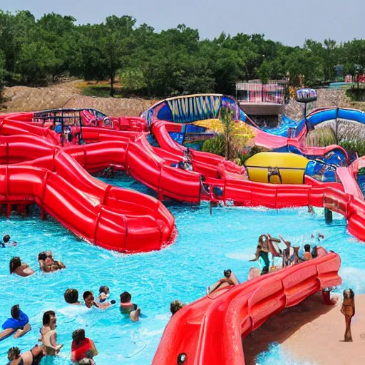 Image similar to the ugliest 1 star waterpark in the world with red dark water filled with trash, cracked broken slides, crowded,