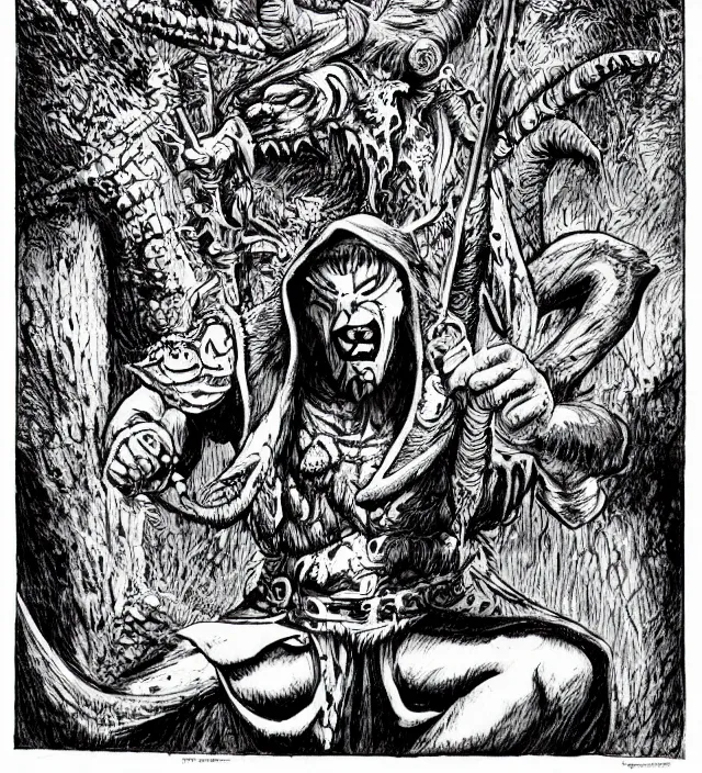 Image similar to a smurf as a D&D monster, full body, pen-and-ink illustration, etching, by Russ Nicholson, DAvid A Trampier, larry elmore, 1981, HQ scan, intricate details, Monster Manula, Fiend Folio